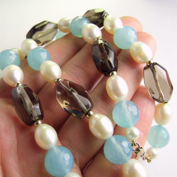 14KY Chalcedony Pearl Smoky Quartz Gold NECKLACE - Picture 4 of 11